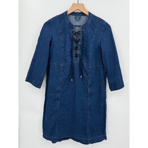 J Jill Dress Womens Denim‎ Dress Small Petite Blue 3/4 Sleeve Lace Up
